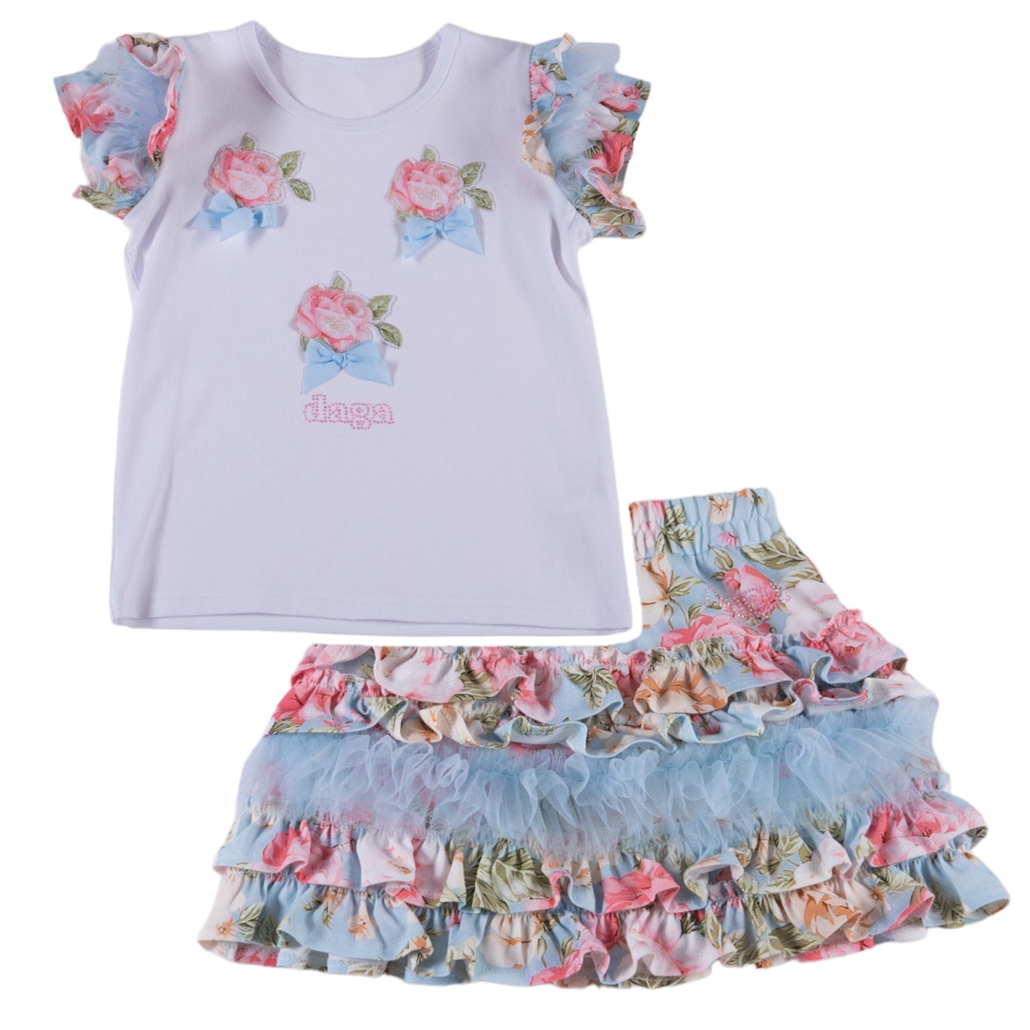 Daga 2yr 9670+9669 Daga Girls White Sky Floral Pattern Shirt & Skirt
