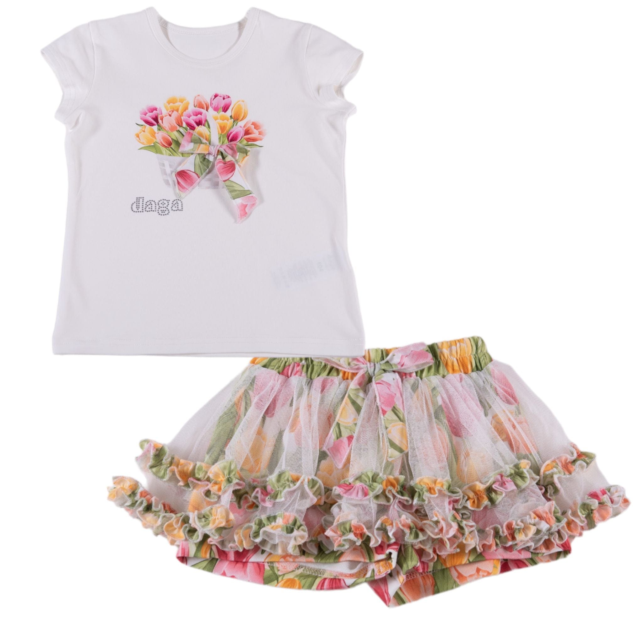 Daga 2yr 9683+9685 Daga Girls White Yellow Floral Print Shirt & Skirt