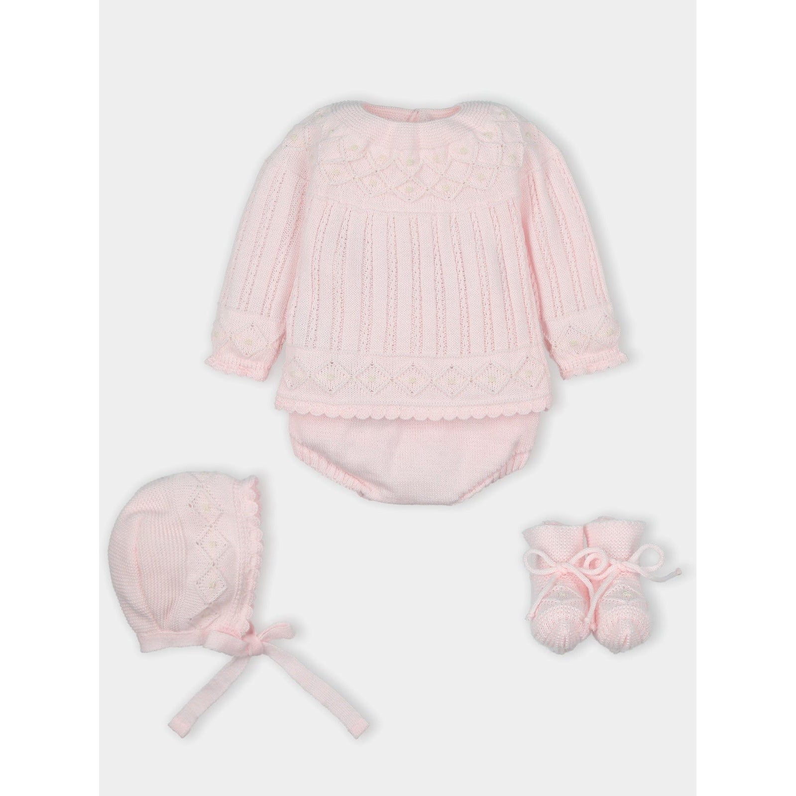 Mac Ilusion Top & Shorts 1m Mac Ilusion Baby Girls Pink Four Pieces Knitted Sweater, Culotte, Bonnet And Booties Outfit