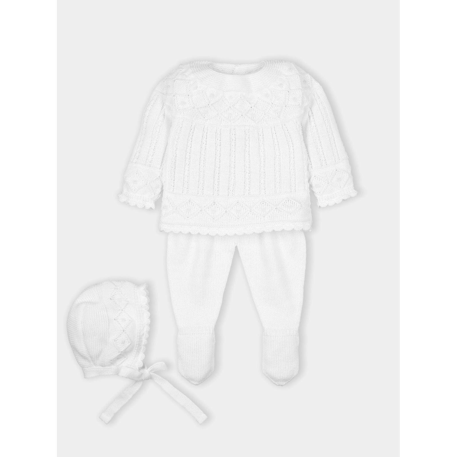 Mac Ilusion Top & leggings 1m Mac Ilusion Baby Girls White Three Pieces Knitted Sweater with Leggings and Bonnet Outfit