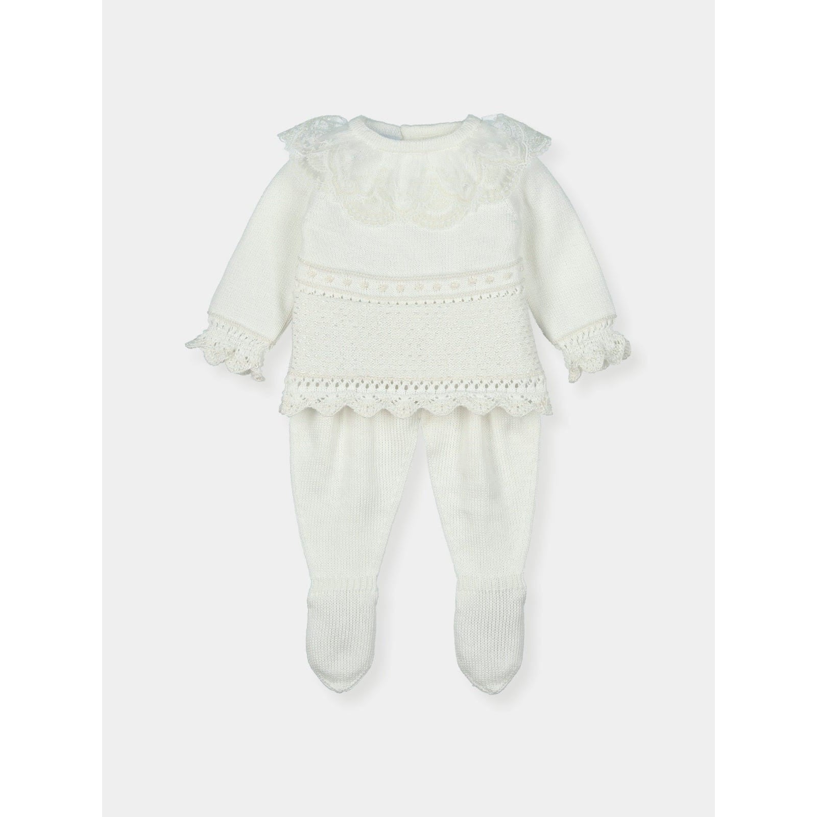 Mac Ilusion Baby Raw Knitted Sweater With Embroidered Lace With Leggins Eneldo Outfit