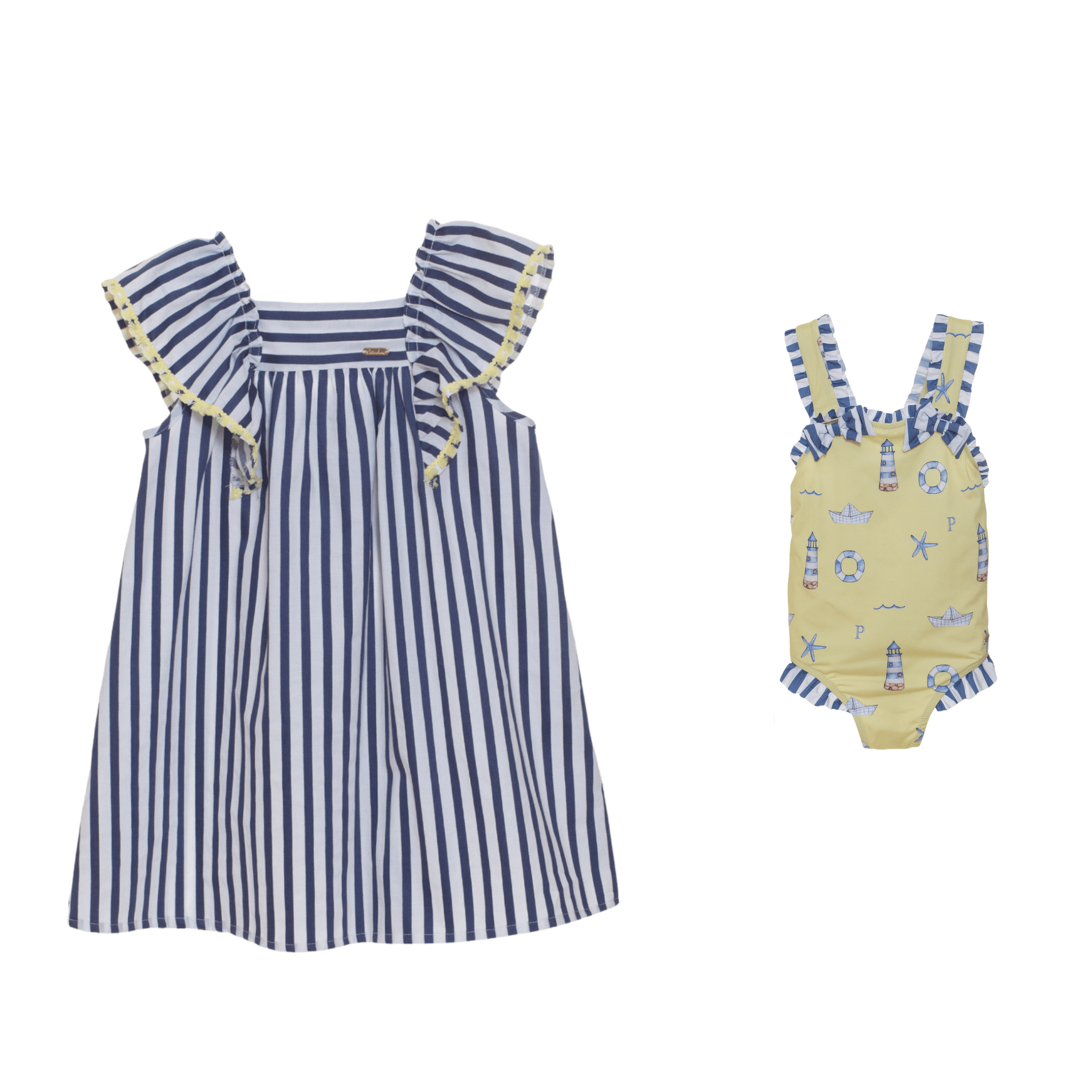 Patachou Tops 2Y Patachou Girls White/Blue Stripes Cotton Dress + Swimsuit Set