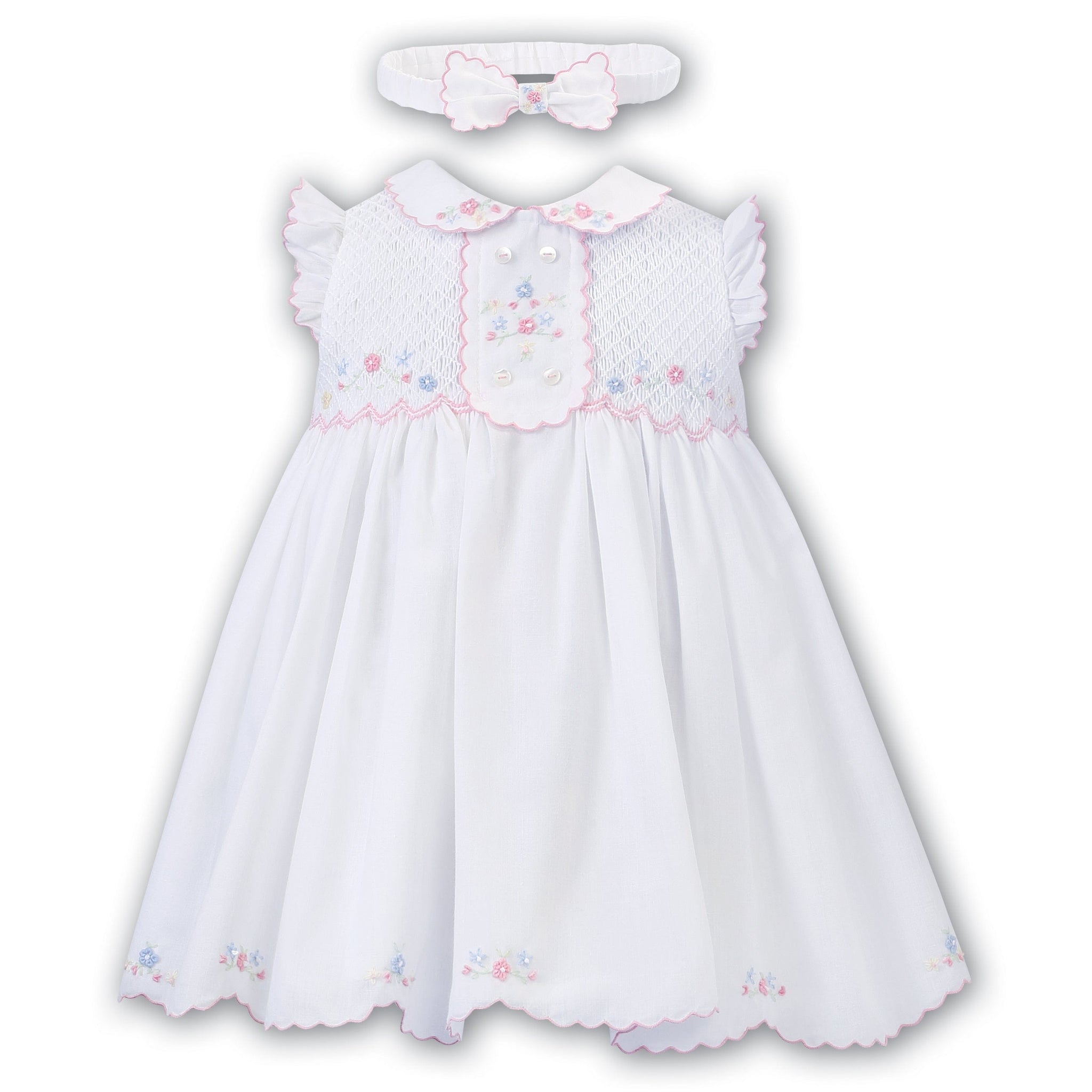 Sarah Louise Dress 6M Sarah Louise Girls Dress & Headband White With Pink Floral Embroidery